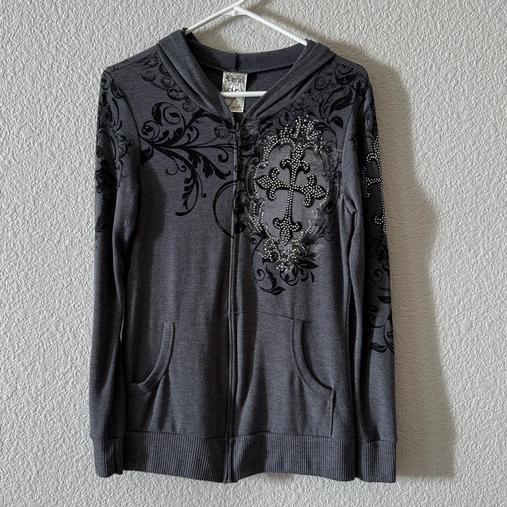 Vocal Gray Zip Front Hoodie with Rhinestone Accents